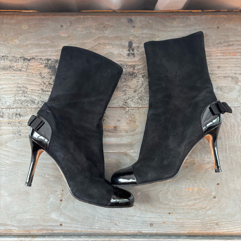 Kate Spade black suede and patent leather stiletto boots | size 8B